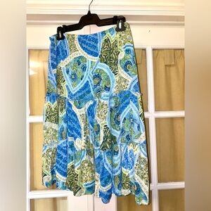 Blue and Green Pleated A-Line Midi Skirt